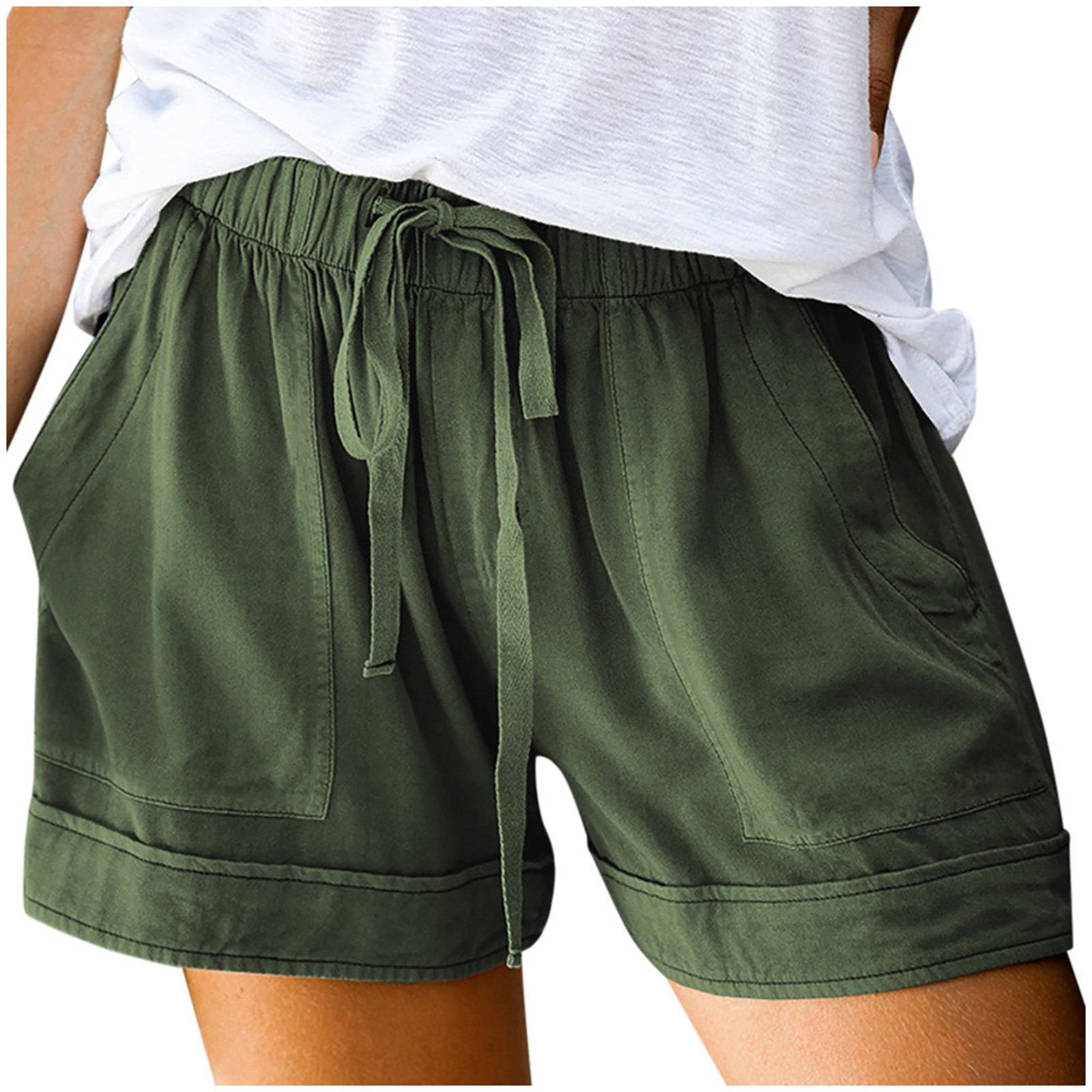 thumbnail image 3 of Pantalones cortos cómodos con cordón y cintura elástica para mujer - Pantalones holgados de color liso con bolsillos - Ropa informal de verano de poliéster, 3 of 8